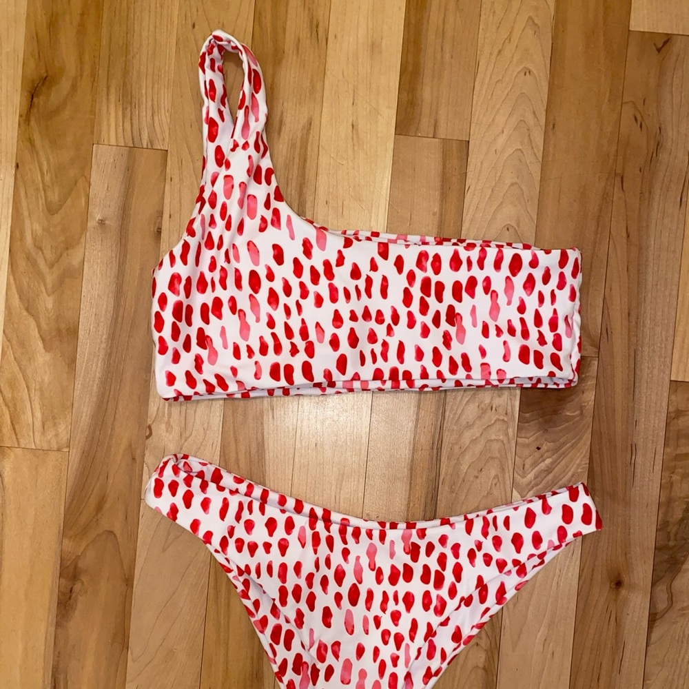 SHEIN Pink, Red, & White One-Shoulder Bikini Set